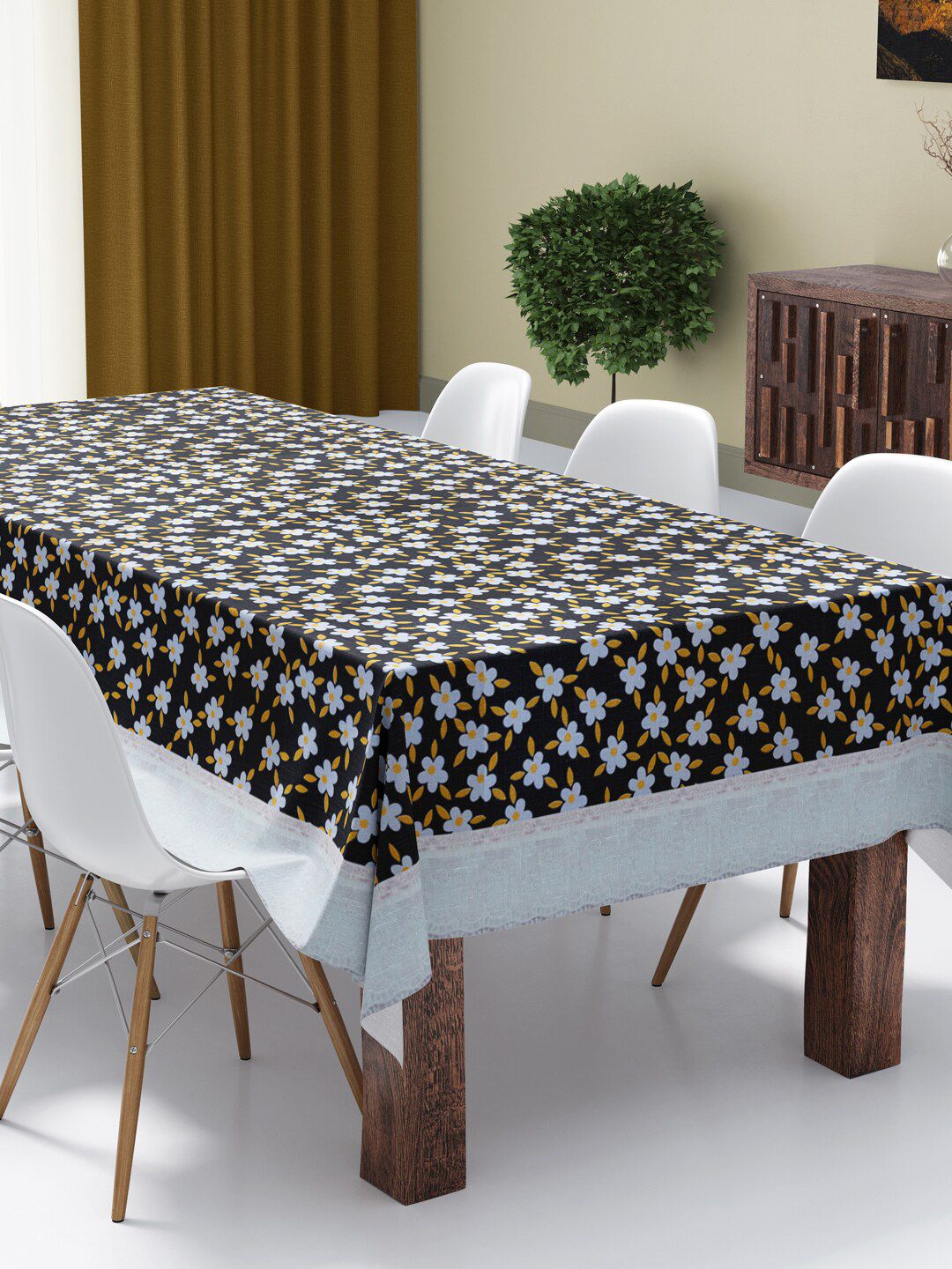BIANCA Black & White Floral Printed Vinyl PVC 8 Seater Table Cloth Price in India