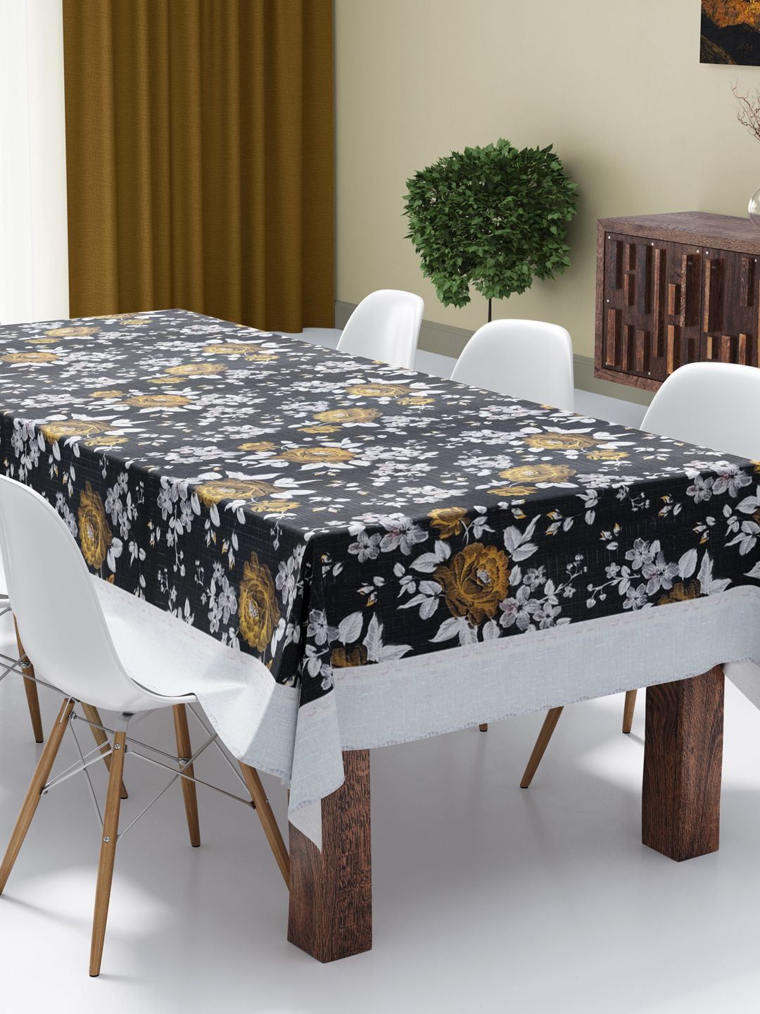 BIANCA Black & Silver Floral Printed Easy Clean Table Cover Price in India