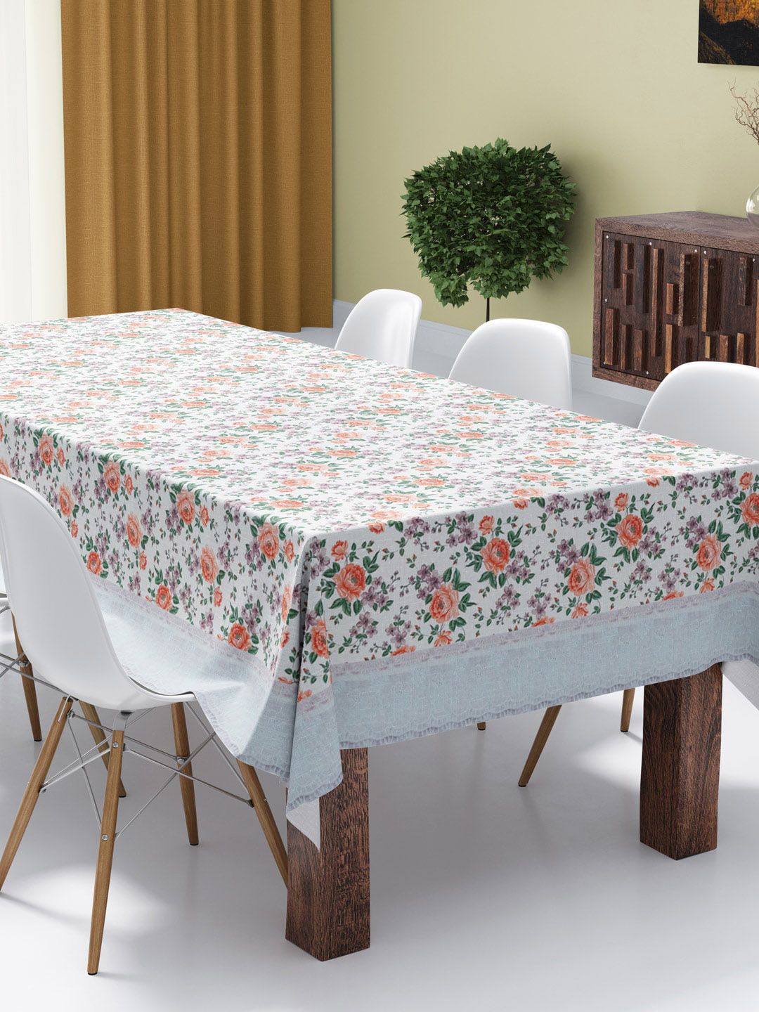 BIANCA Off-White & Peach Floral Print Vinyl PVC 6 Seater Table Cloth Price in India