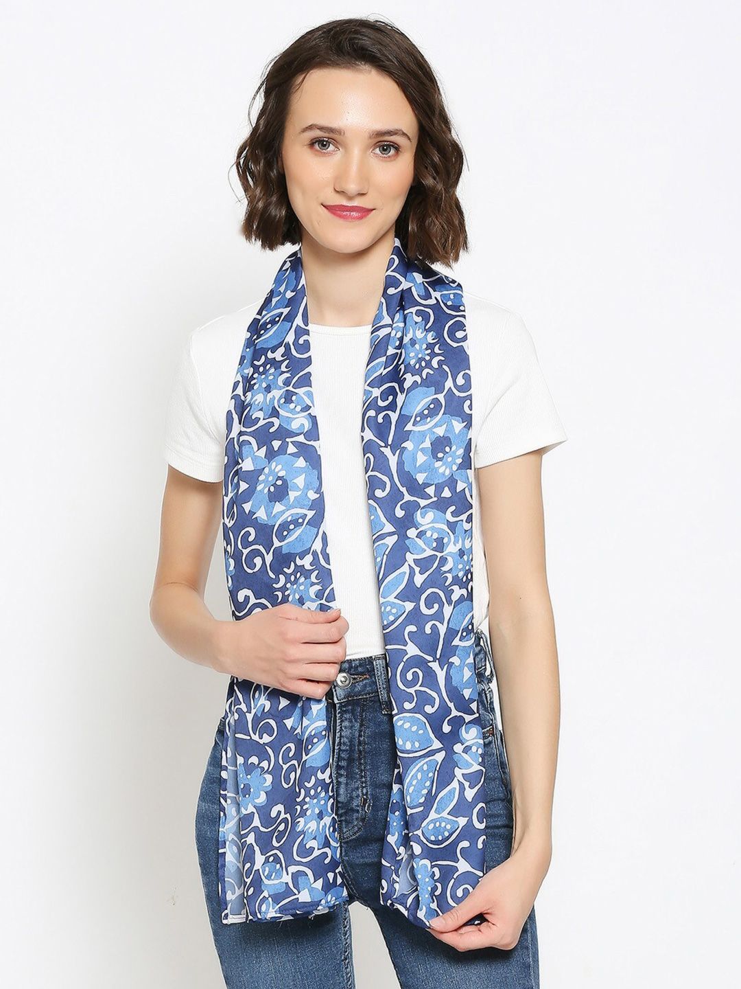 Dupatta Bazaar Women Blue Floral Printed Satin Scarves Price in India