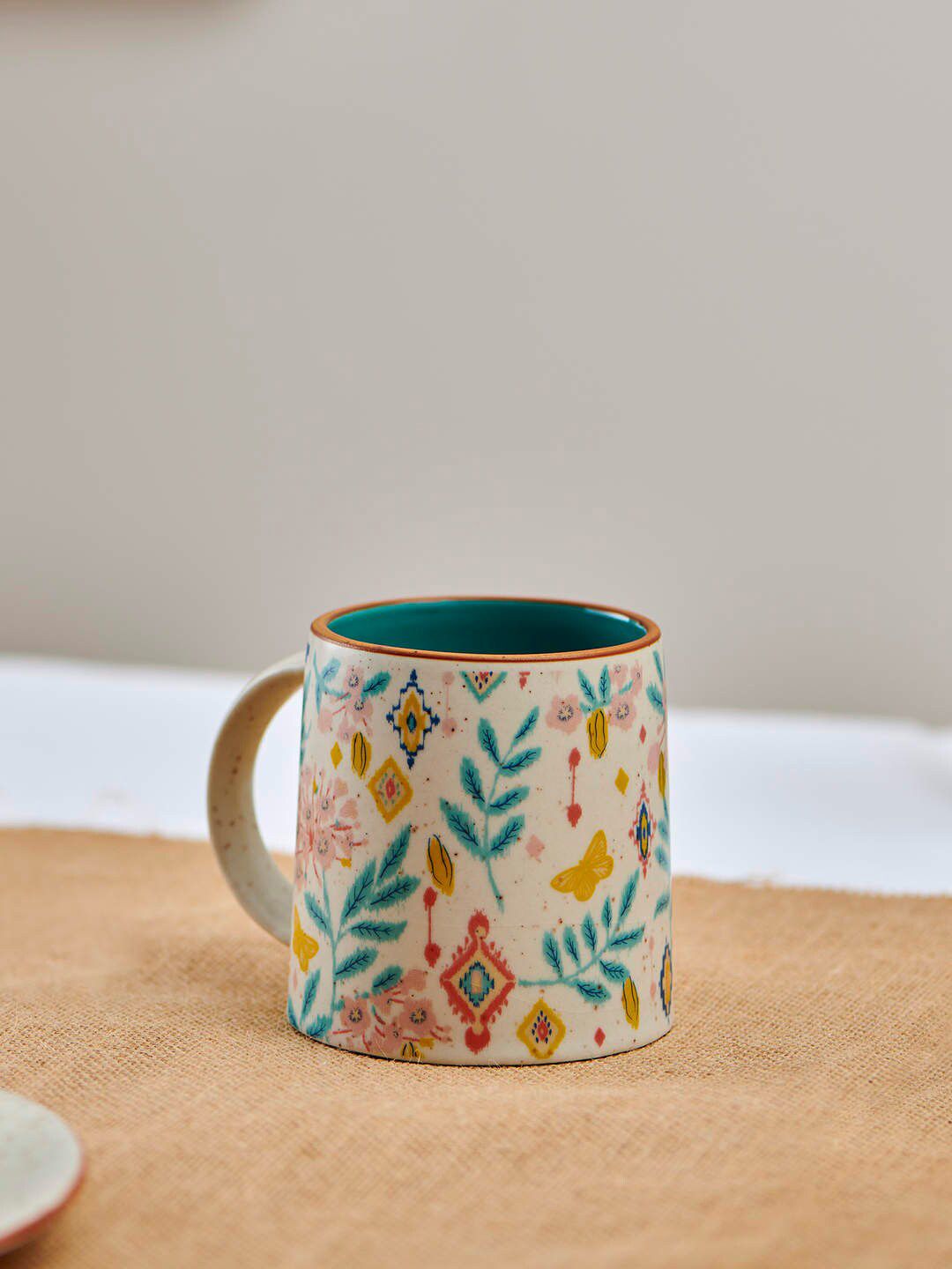 Chumbak White & Blue Floral Printed Ceramic Matte Mug Price in India