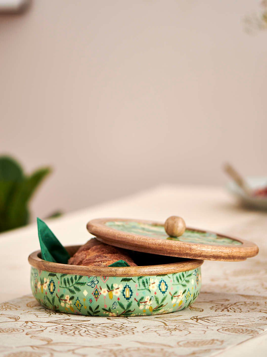 Chumbak Green & Brown Floral Serving Bowl With Lid Price in India
