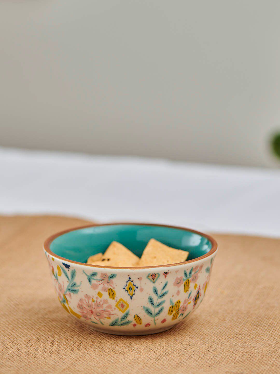 Chumbak Off-White & Turquoise Blue Floral Printed Ceramic Glossy Bowl Price in India