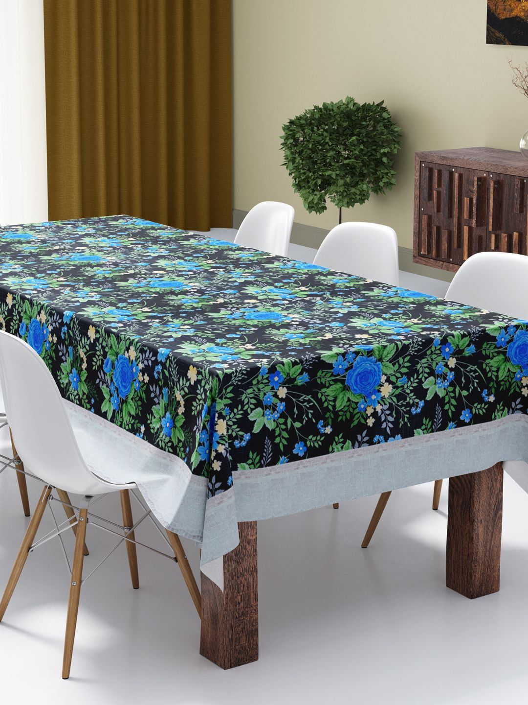 BIANCA Black & Blue Floral Print 4-6 Seater Table Cover Price in India