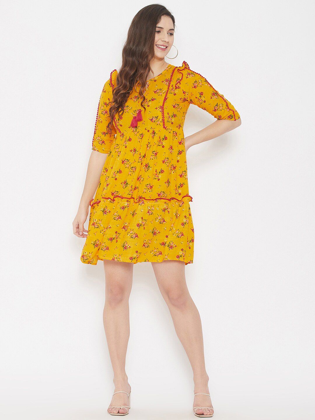 WineRed Yellow Floral Printed Dress Price in India