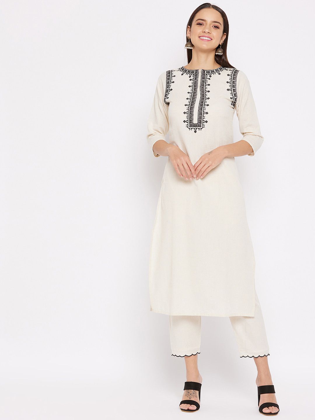 WineRed Women Off-White Pure Cotton Kurta with Trousers Price in India