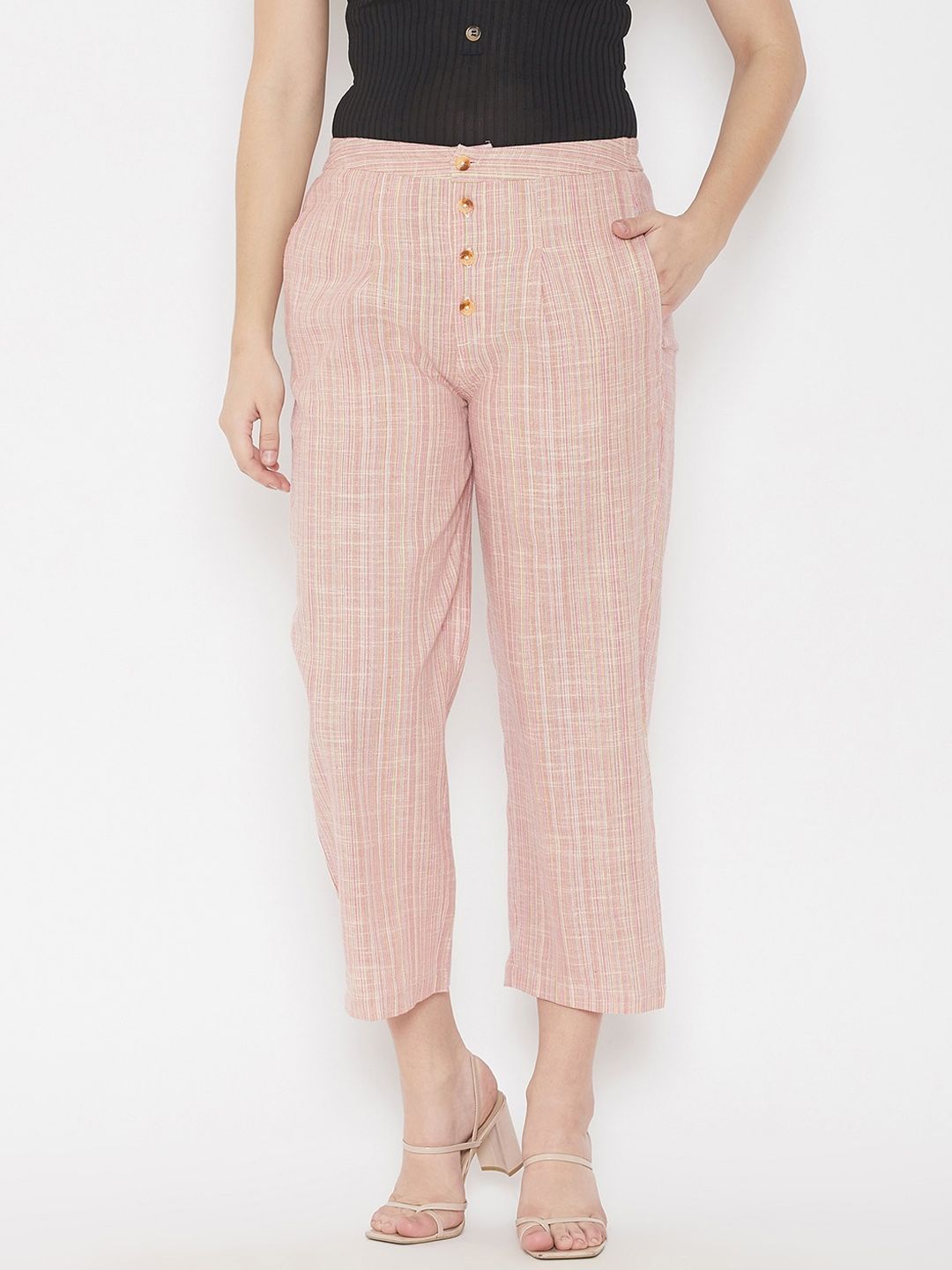 WineRed Women Pink Striped Trousers Price in India