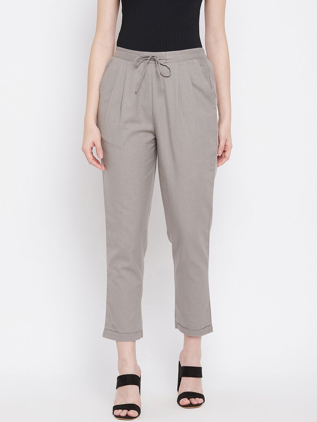 WineRed Women Grey Solid Pleated Trousers Price in India