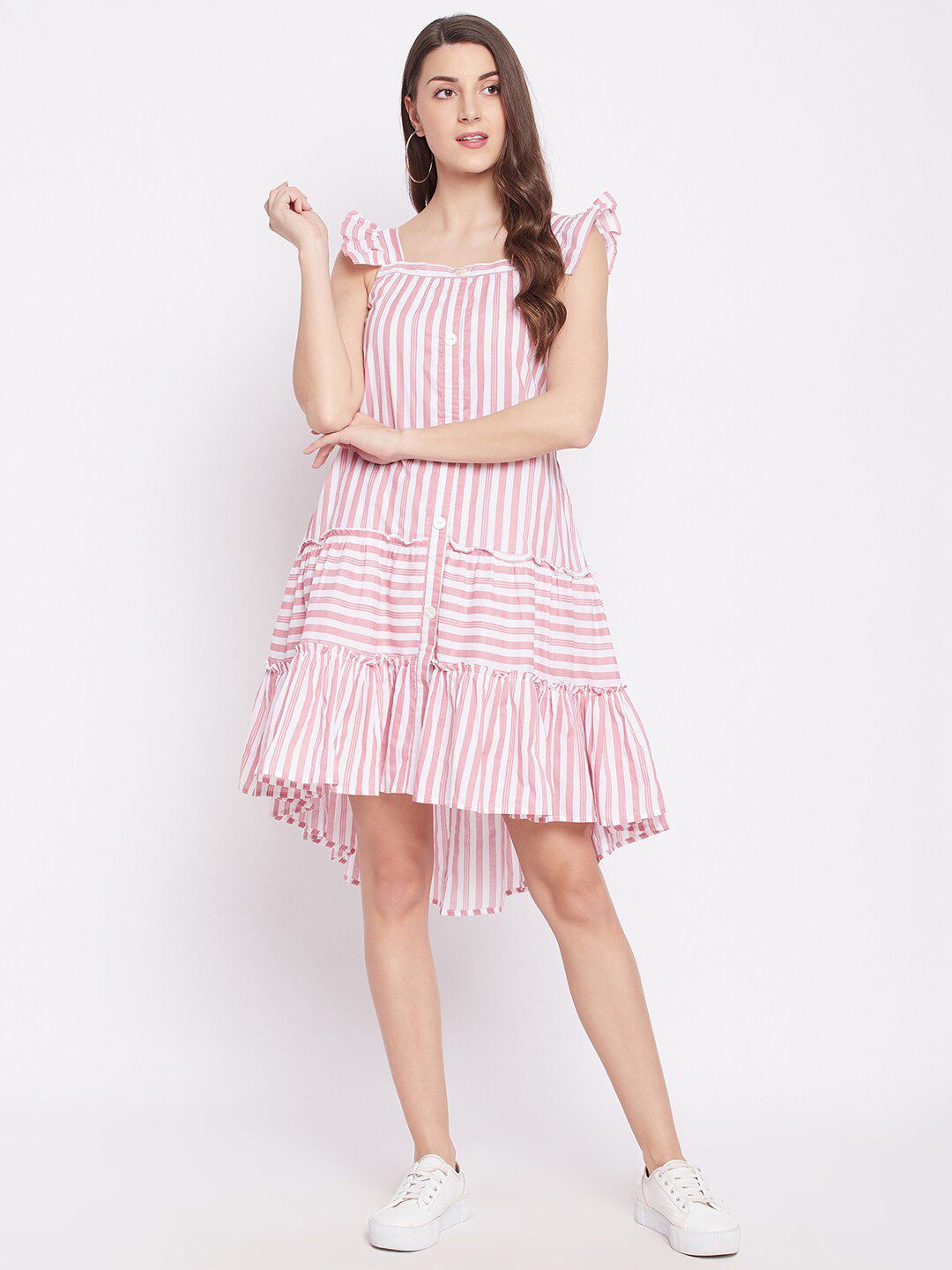 WineRed Pink & White Striped Drop-Waist Pure Cotton Midi Dress Price in India