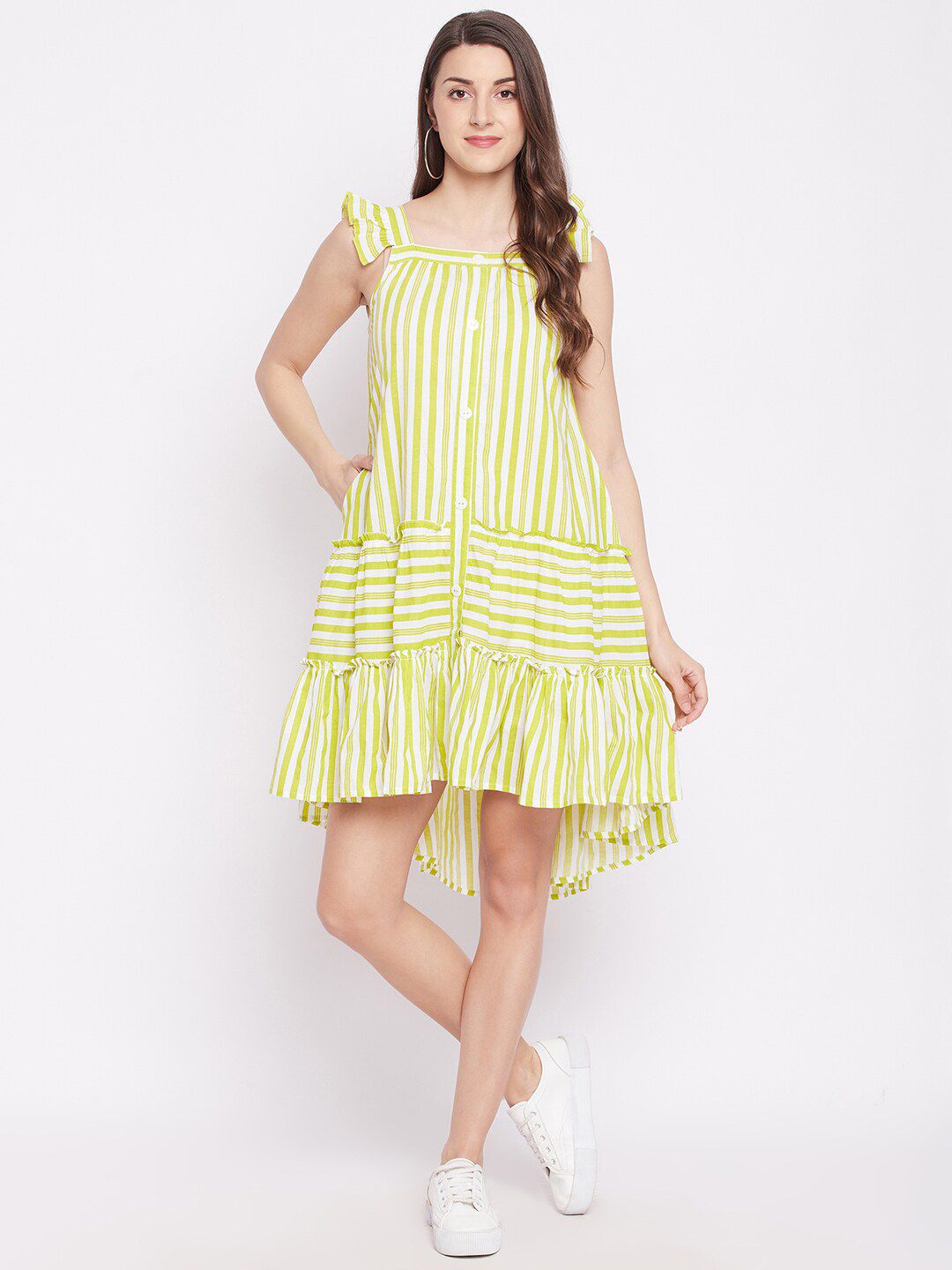 WineRed Women Green & White Striped Pure Cotton A-Line Dress Price in India