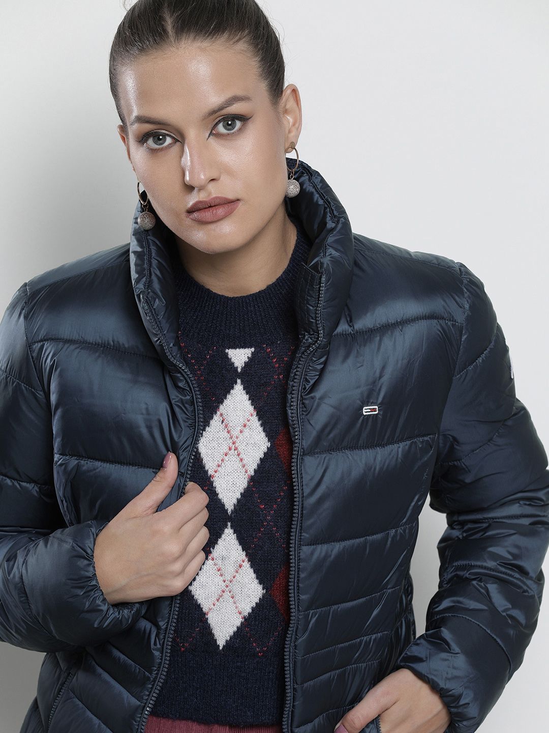 Tommy Hilfiger Women Navy Blue Mock-Collar Quilted Jacket Price in India