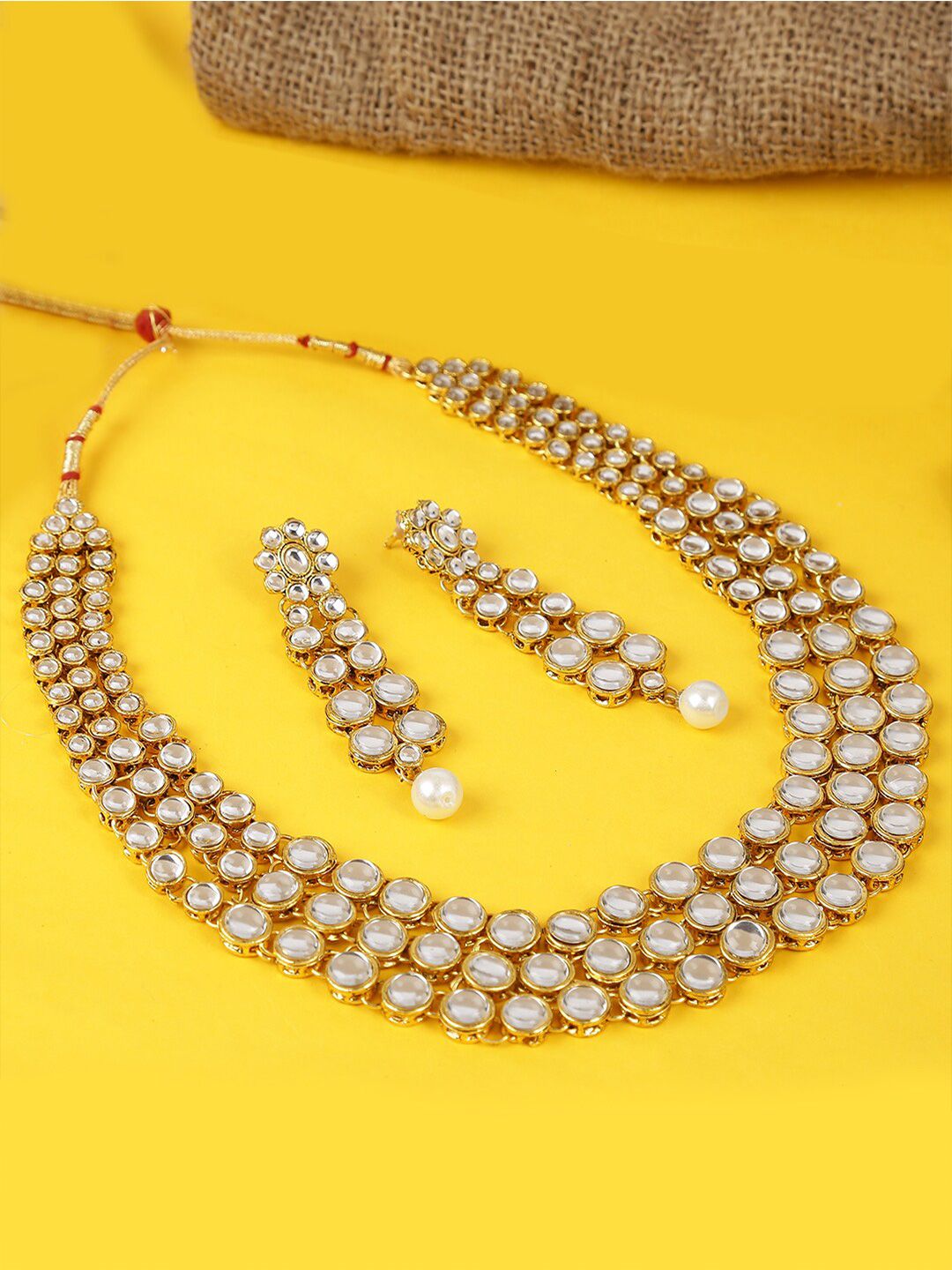 LIVE EVIL White & Gold-Toned Kundan Studded Necklace Set Price in India