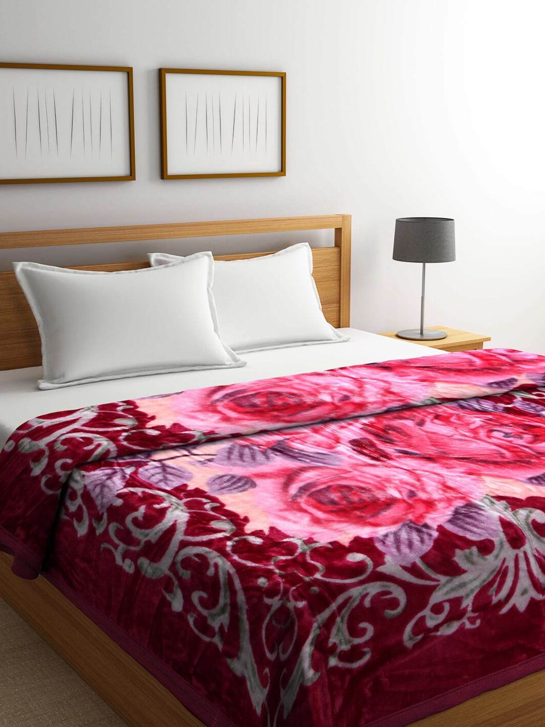 BOMBAY DYEING Pink & Maroon Ethnic Motifs Mild Winter 210 GSM Mink Single Bed Blanket Price in India