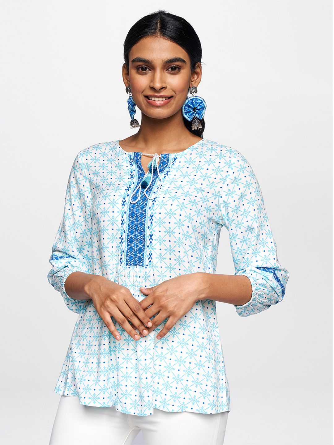 Global Desi Blue & White Geometric Print Tie-Up Neck Top