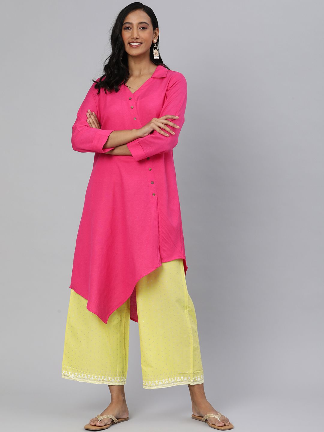Global Desi Women Pink Solid Shirt Collar Asymmetric Tunic Price in India