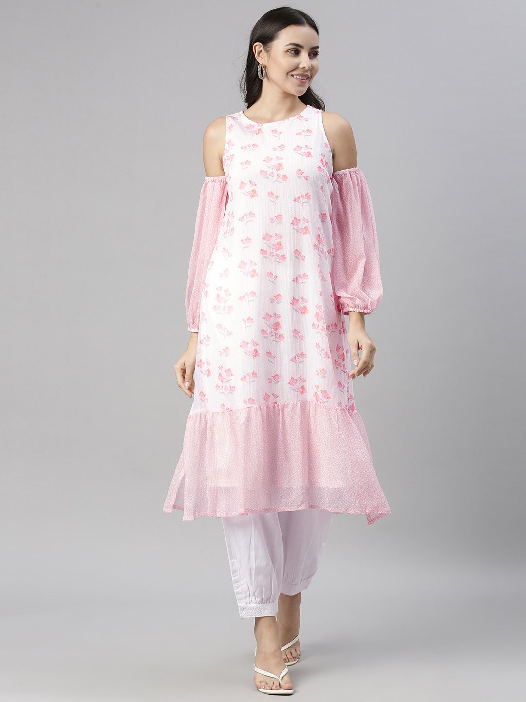 Global Desi Women Pink & Multicoloured Floral Printed Flounce Kurta Price in India