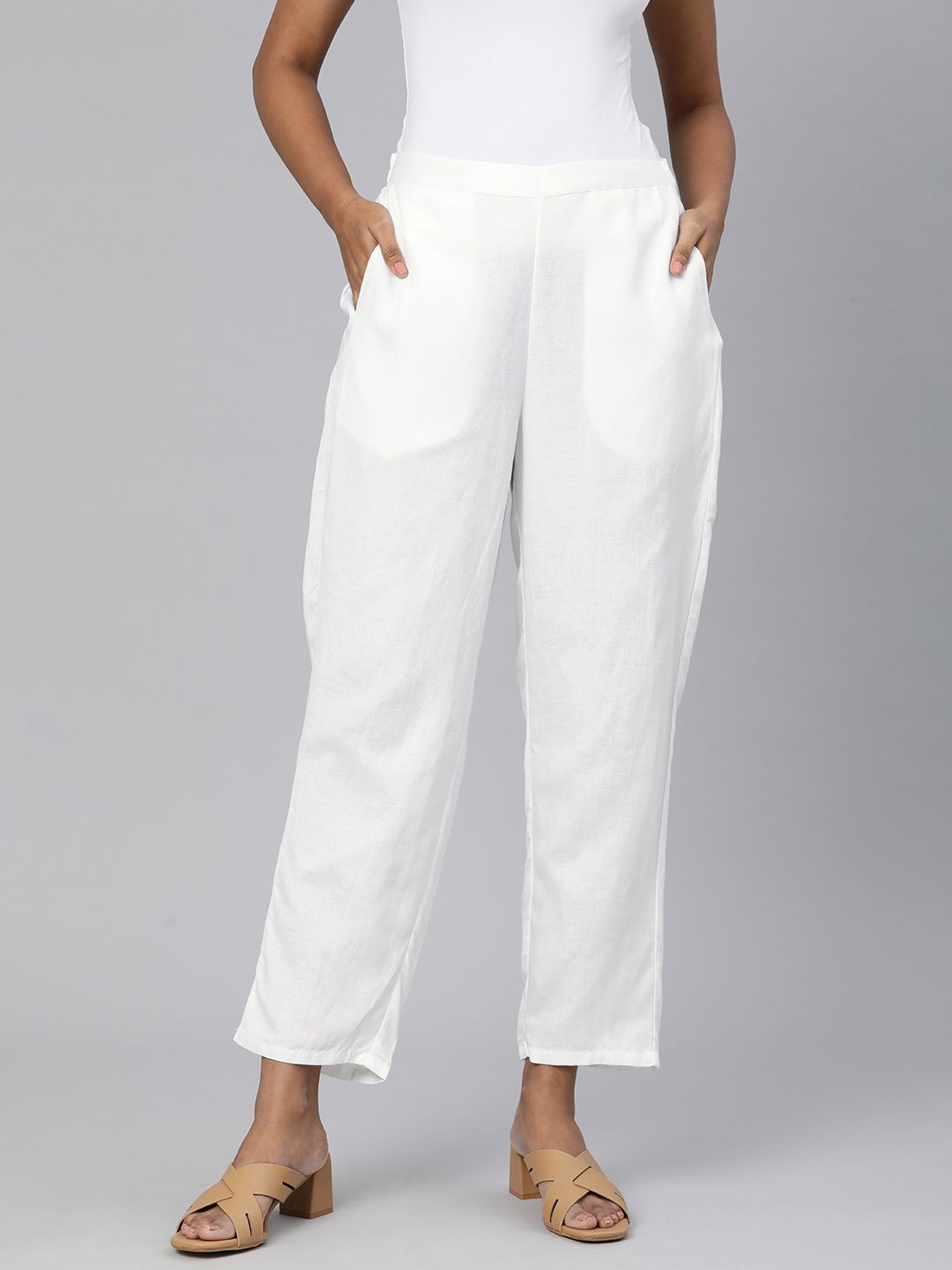 Global Desi Women White Solid Slim Fit Trousers Price in India