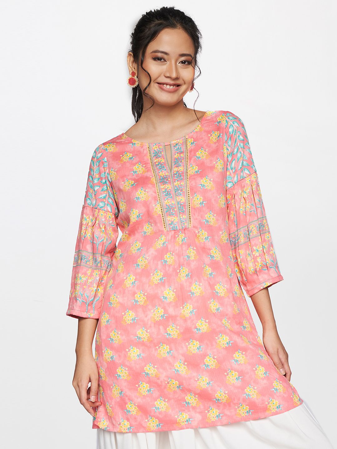 Global Desi Women Pink & Yellow Floral Printed Tunic Price in India