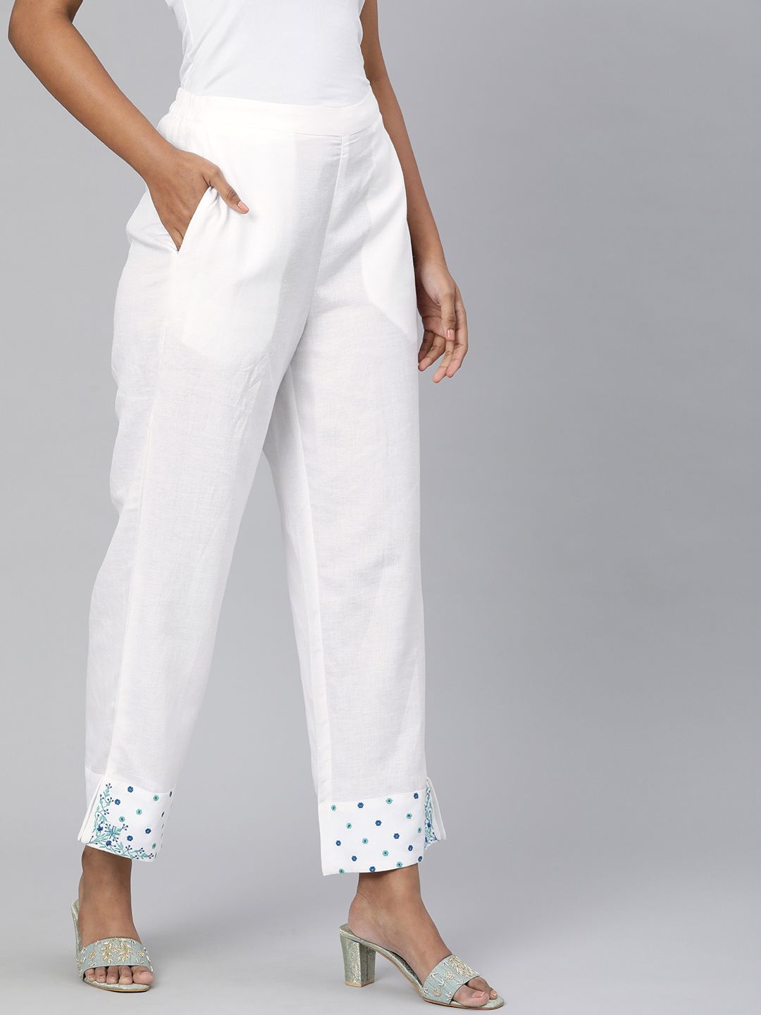 Global Desi Women White Straight Fit Trousers Price in India
