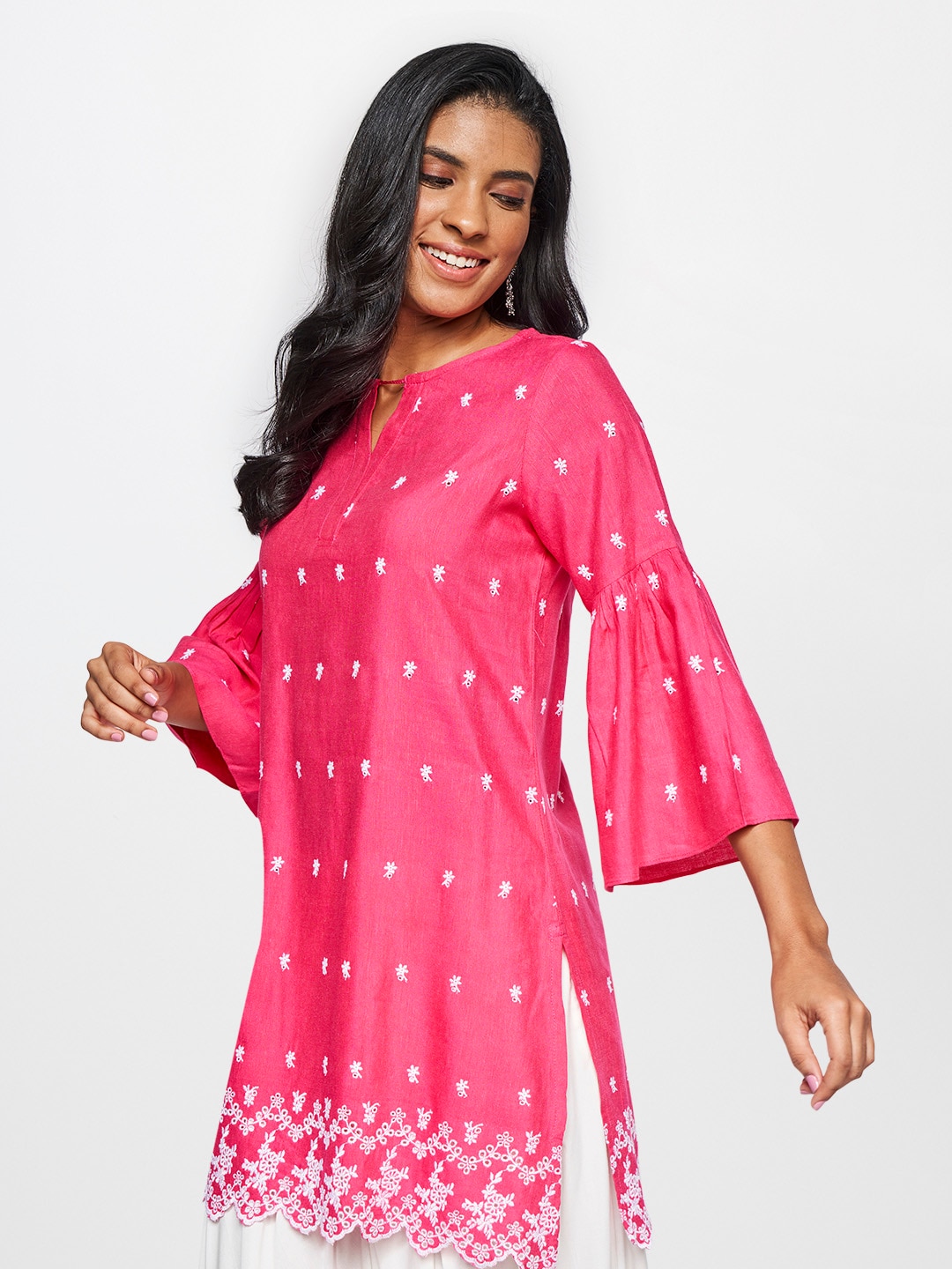 Global Desi Women Pink & White Ethnic Motifs Embroidered Tunic Price in India
