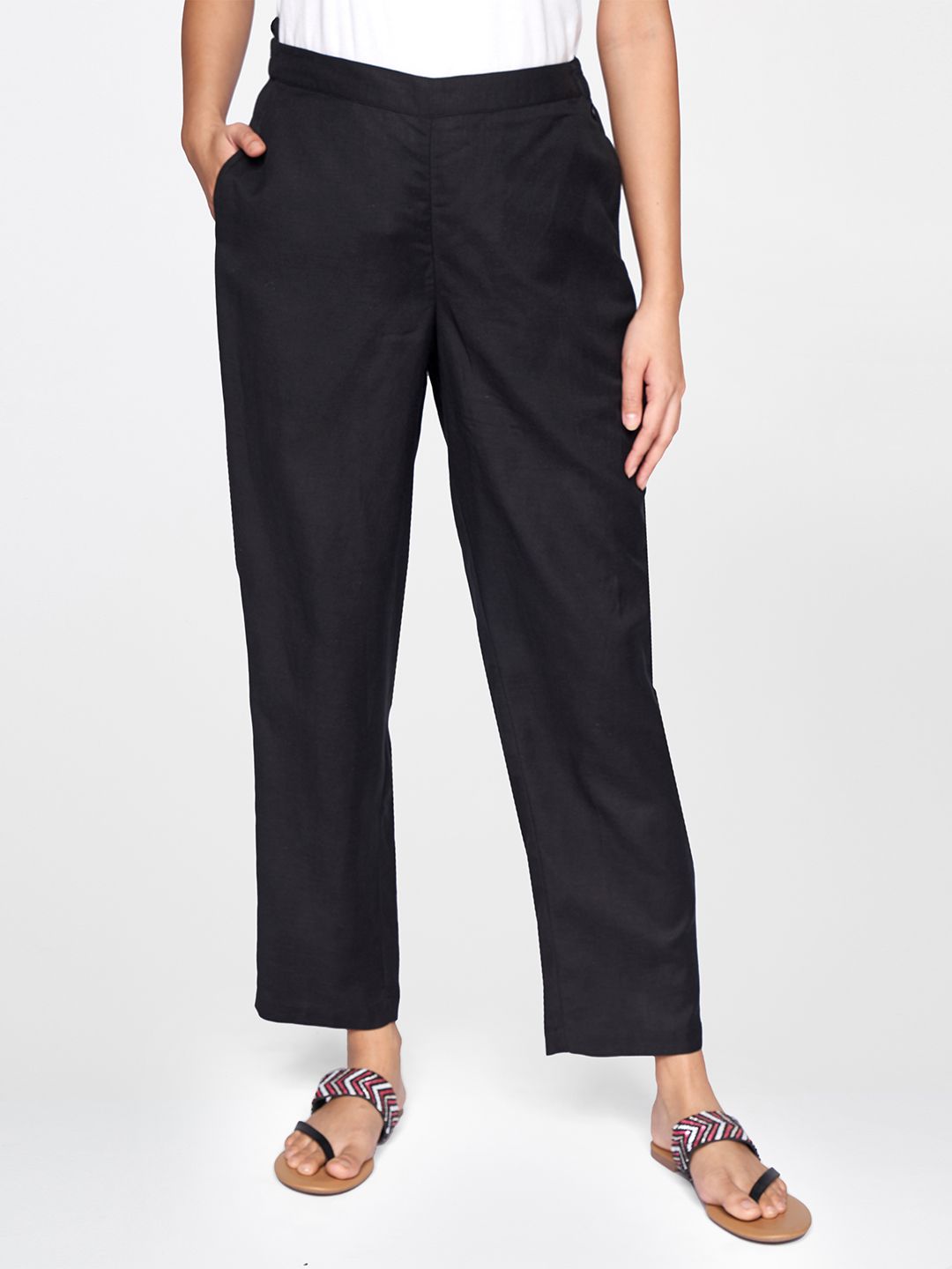 Global Desi Women Black Solid Slim Fit Trousers Price in India