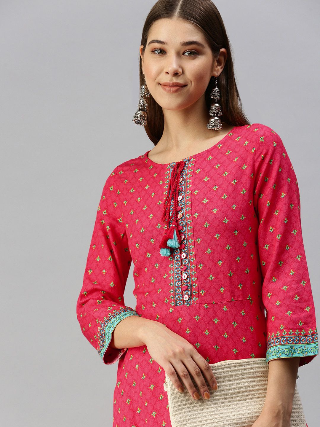 Global Desi Pink & Blue Ethnic Printed Tunic With Tie-Ups Detail Price in India