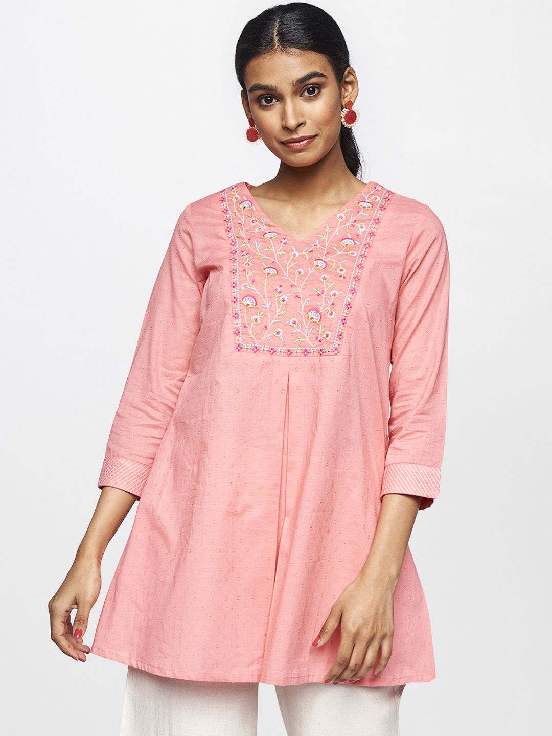 Global Desi Peach-Coloured V-Neck Embroidered Tunic Price in India