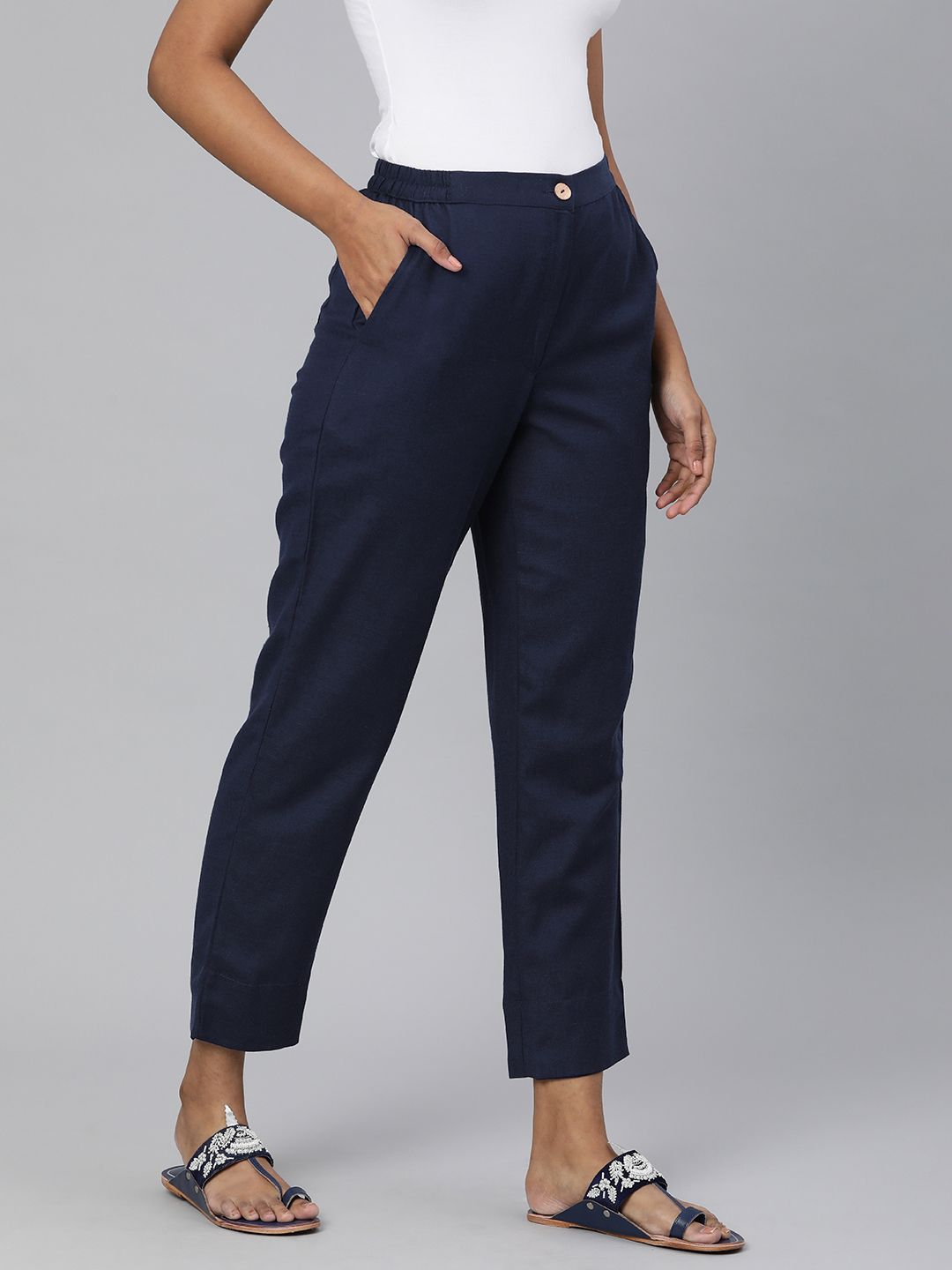 Global Desi Women Navy Blue Solid Straight Fit Trousers Price in India
