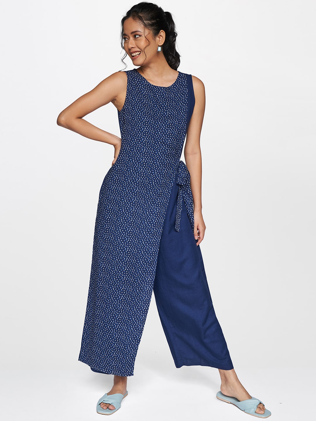 Global Desi Navy Blue Printed Culotte Jumpsuit With Waist Tie-Ups And Overlap Detail Price in India
