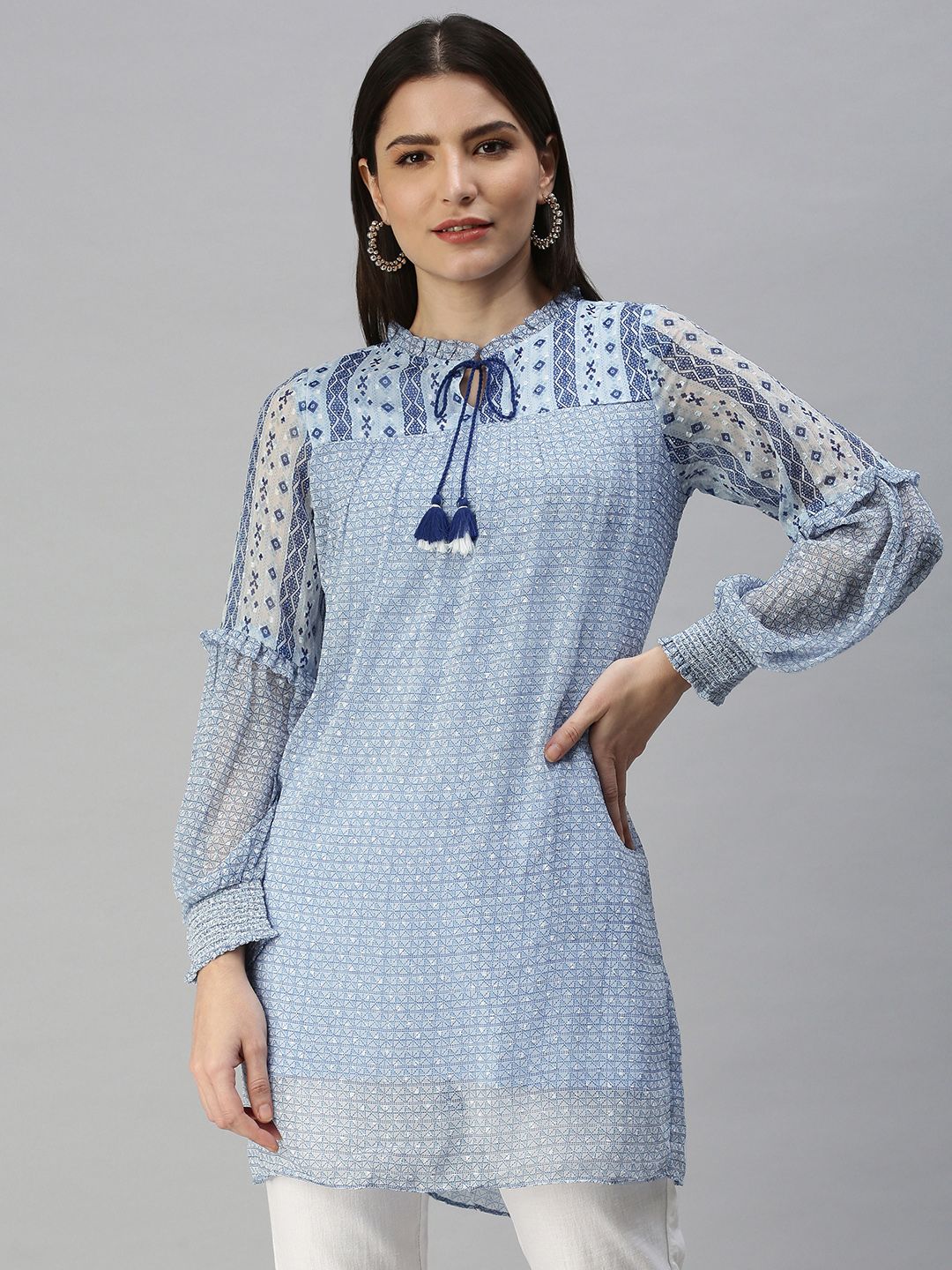 Global Desi White & Blue Tie-Up Neck Printed Tunic Price in India