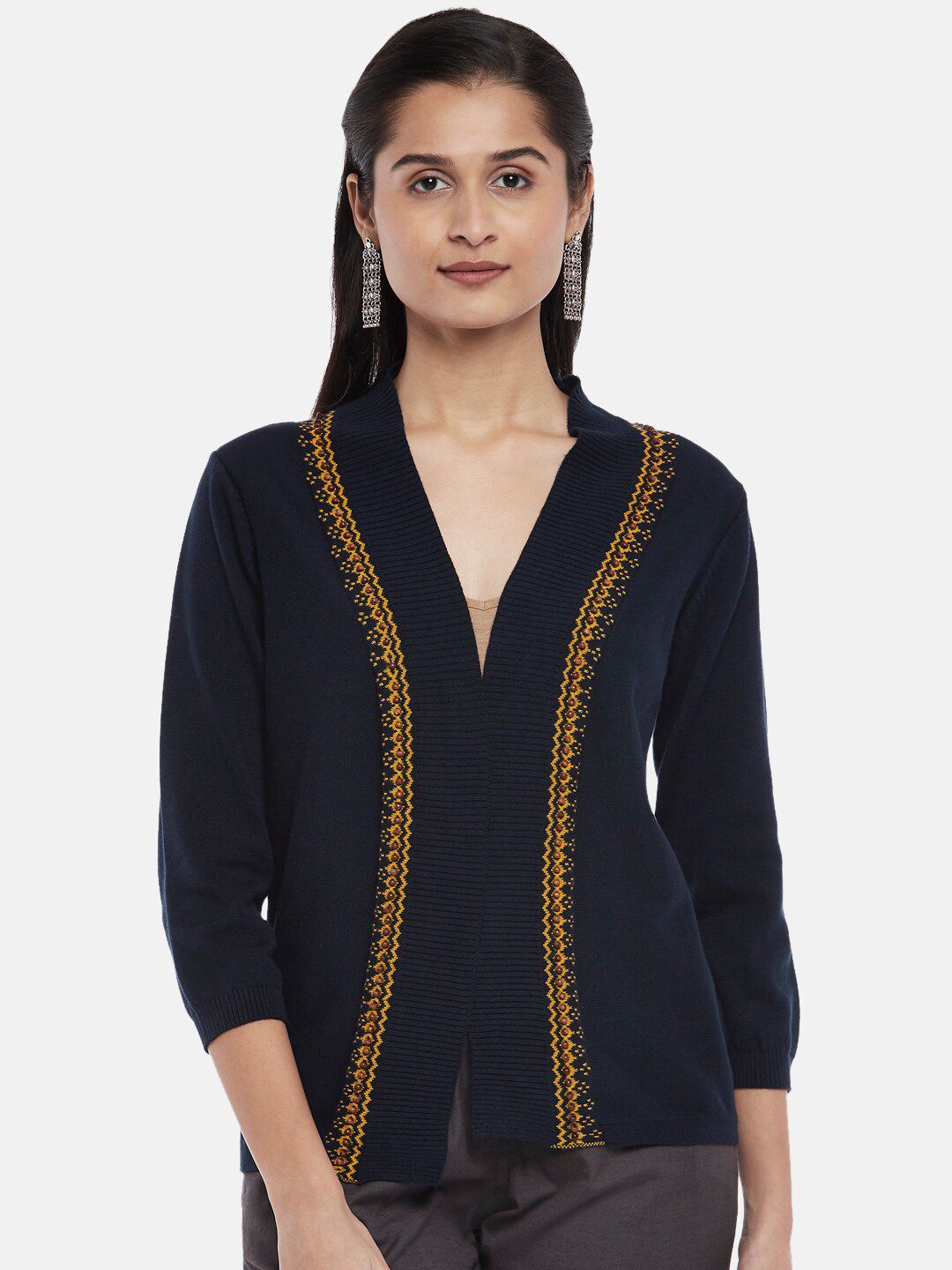 AKKRITI BY PANTALOONS Women Navy Blue & Mustard Open Front Shrug Price in India