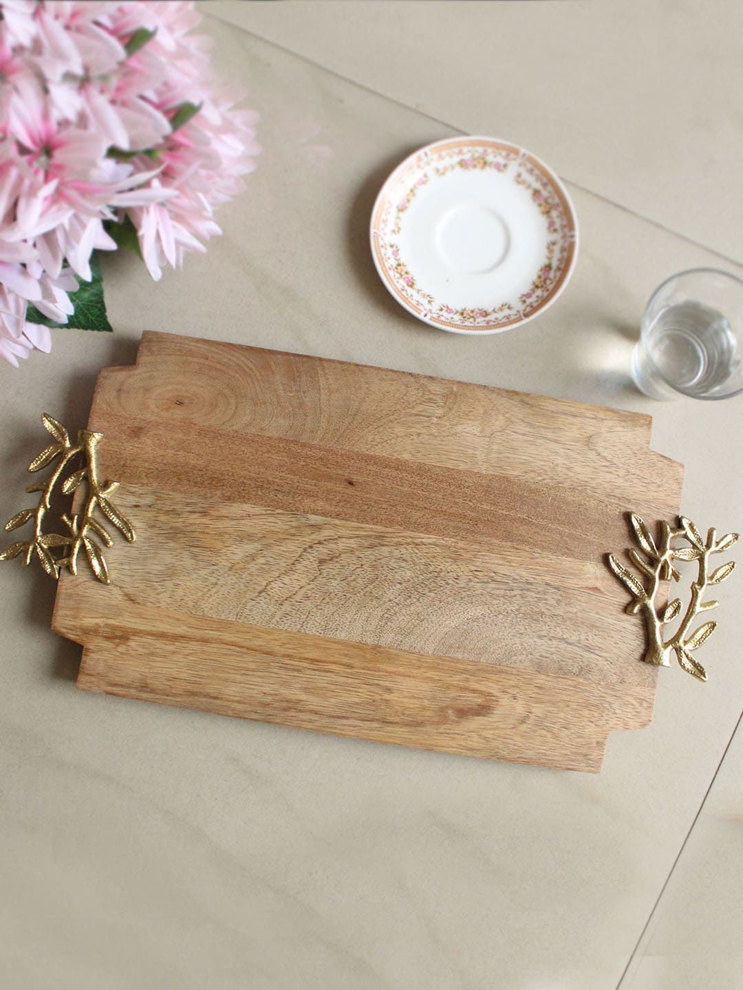 TIED RIBBONS Brown & Gold-Toned Handmade Serving Platter Tray Price in India