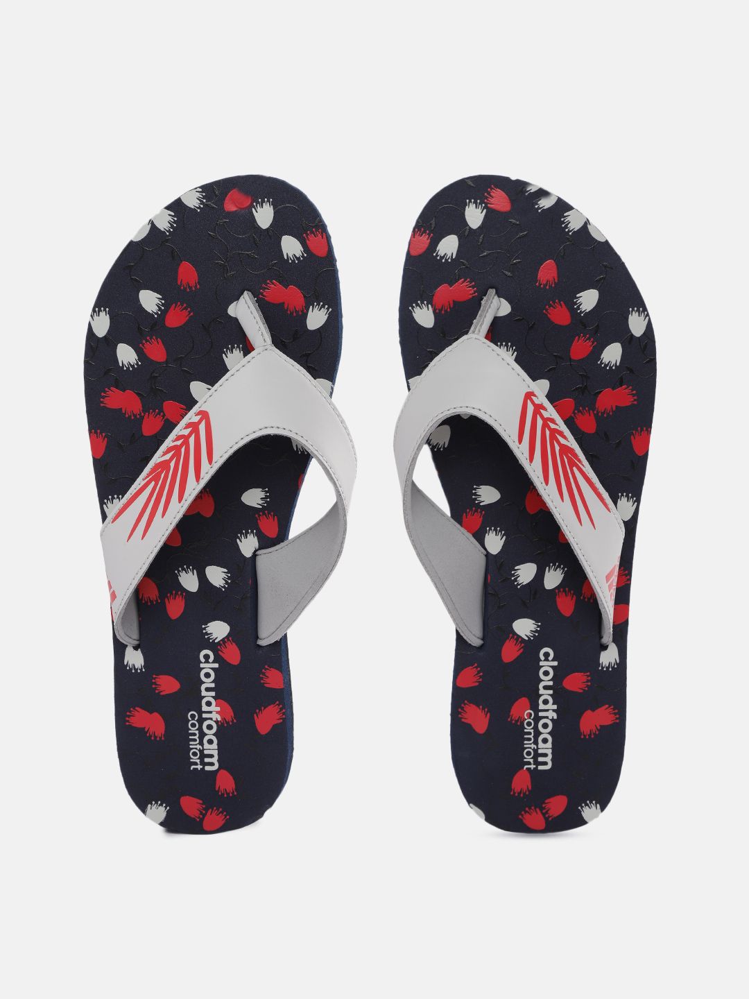 ADIDAS Women Grey & Navy Blue Printed Cloudfoam Thong Flip-Flops Price in India