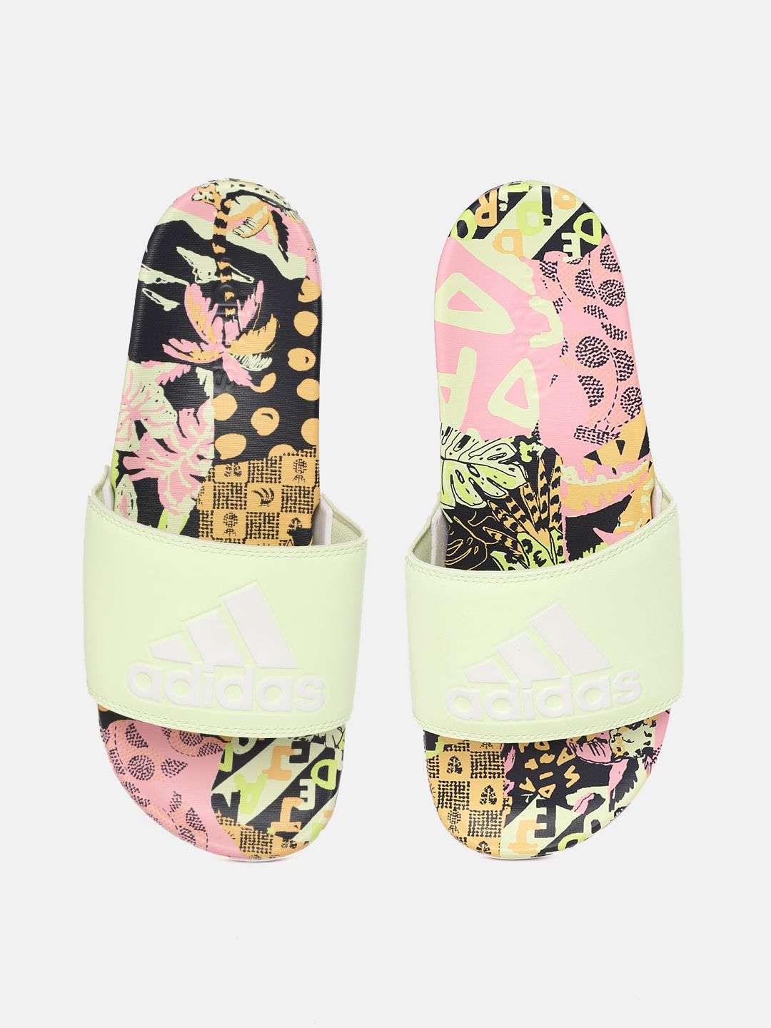 ADIDAS Women Green & White Brand Logo Printed Adilette Comfort Sliders Price in India