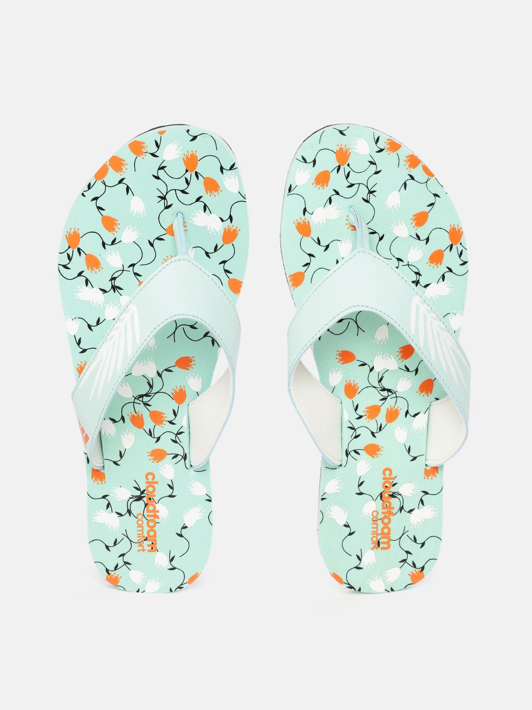 ADIDAS Women Sea Green & White Floral Printed Cloudfoam Thong Flip Flops Price in India