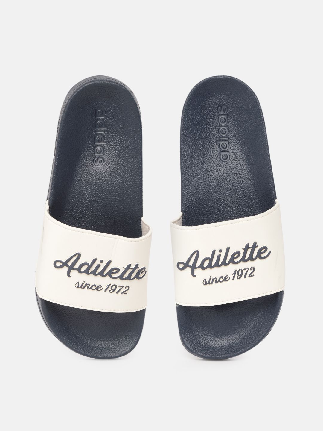 ADIDAS Unisex White & Navy Blue Adilette Shower Printed Sliders Price in India