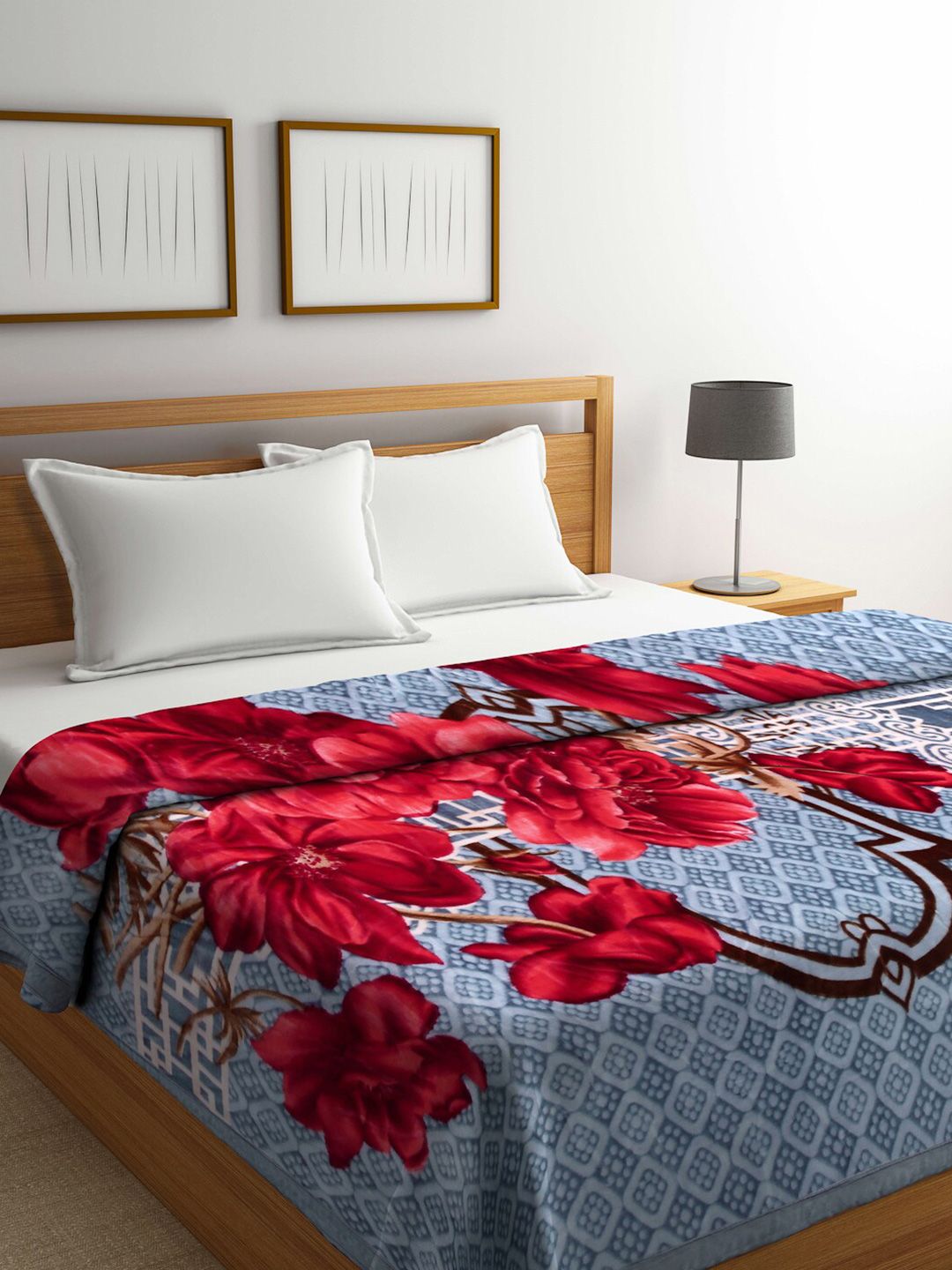 KLOTTHE Red & Grey Floral Printed Heavy Winter 850 GSM Wool Double Bed Blanket Price in India