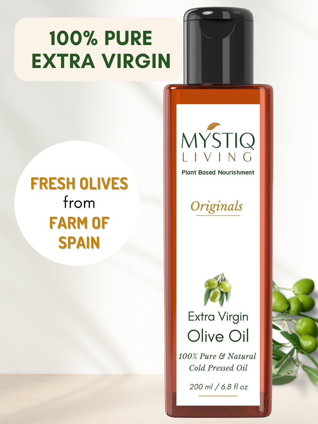 MYSTIQ LIVING Extra Virgin Pure Cold Pressed Olive Oil For Hair & Glowing Skin - 200ml