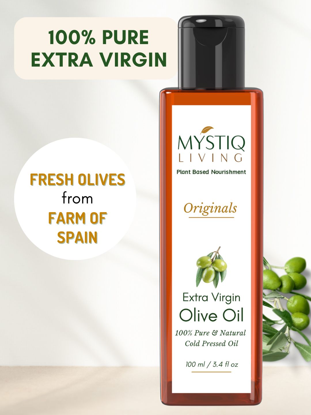 MYSTIQ LIVING Extra Virgin Pure Cold Pressed Olive Oil for Hair & Glowing Skin - 100ml