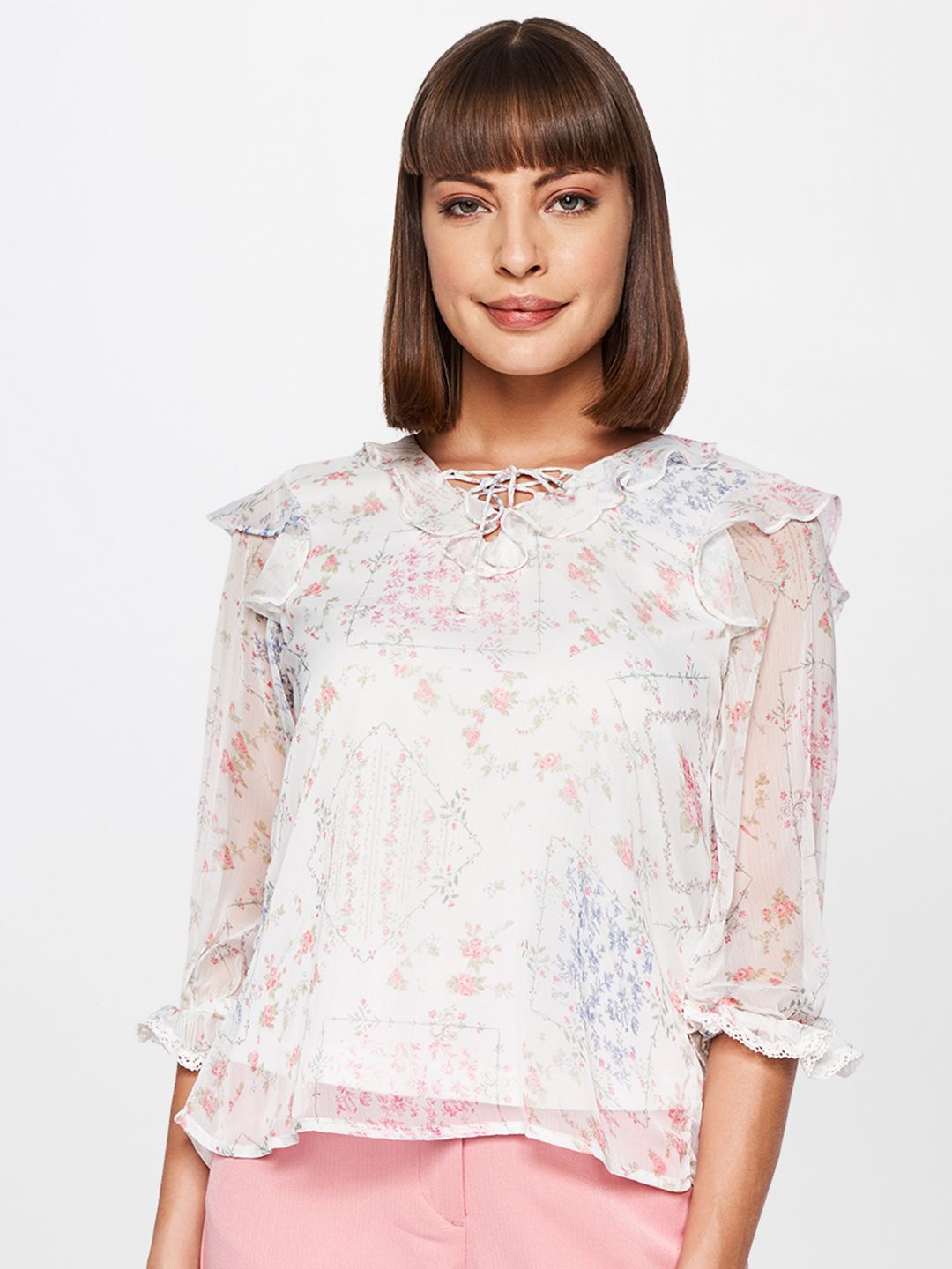 AND White & Red Floral Tie-Up Neck Regular Top Price in India