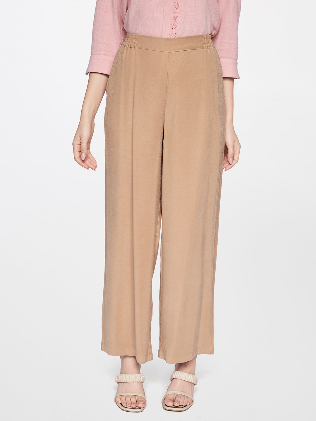 AND Women Khaki Straight Fit Easy Wash Pleated Trousers Price in India