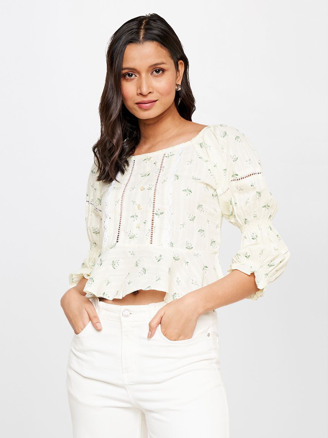 AND Floral Print Pure Cotton Cinched Waist Top Price in India