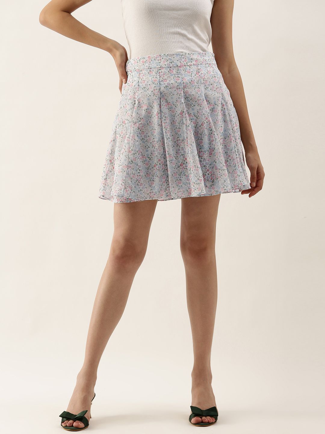AND White & Blue Floral Printed Pleated A-Line Skirt