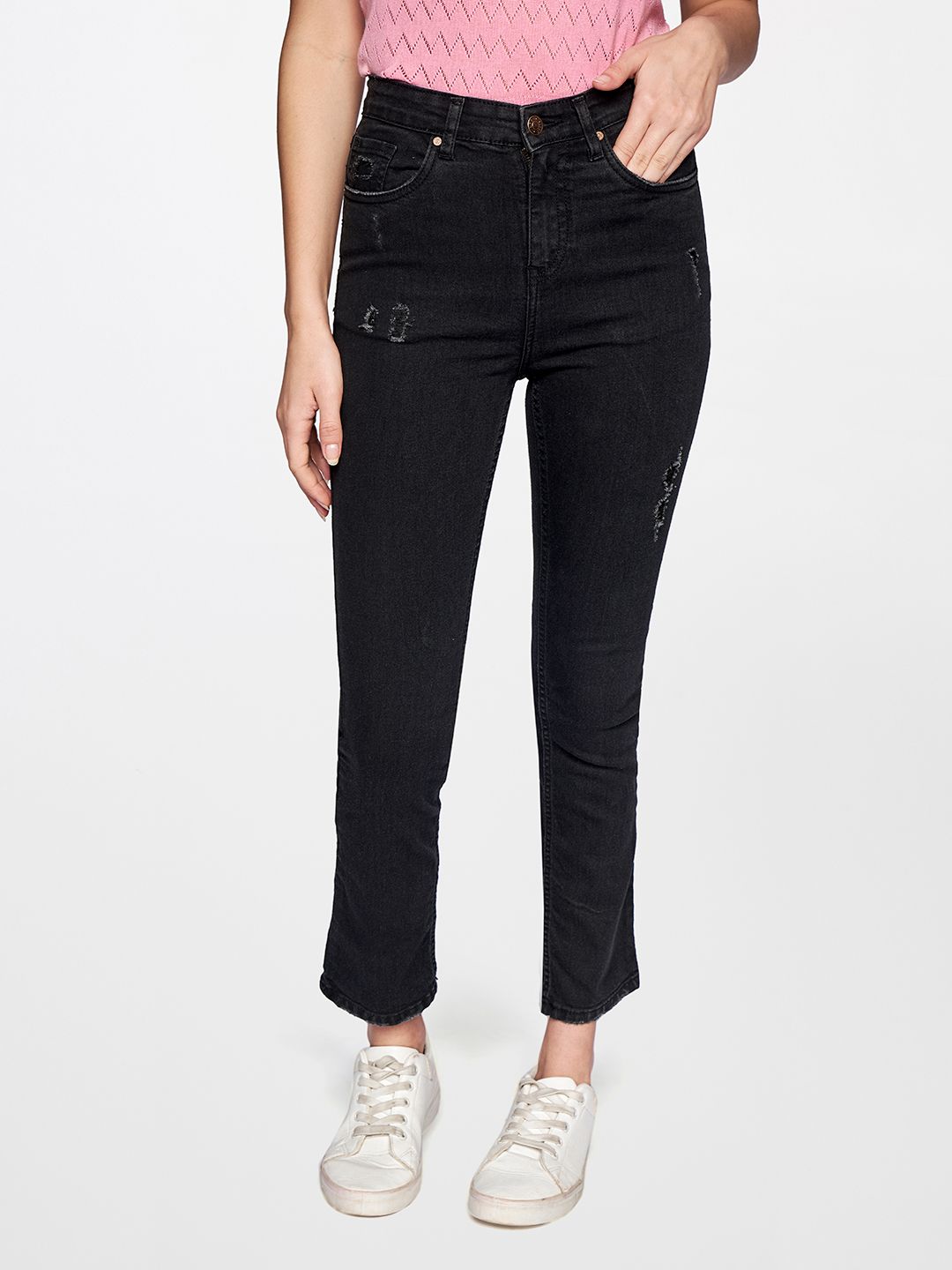 AND Women Charcoal Slim Fit Mildly Distressed Mid Rise Stretchable Jeans Price in India