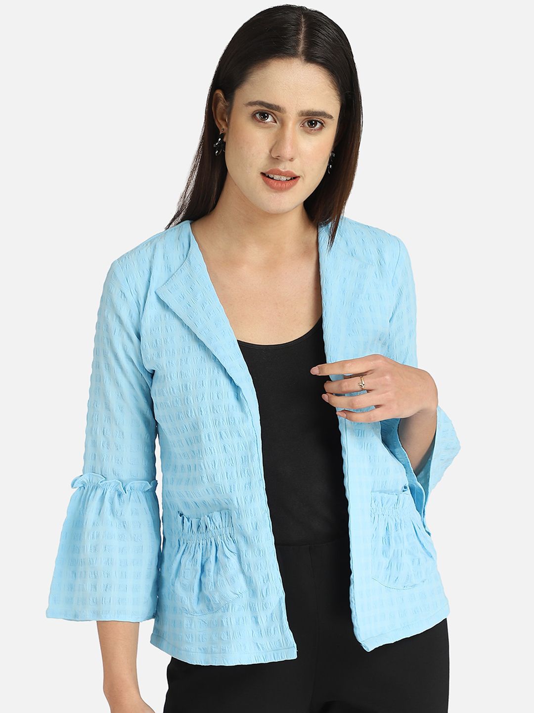 Fbella Women Blue Washed Crop Tailored Jacket with Embroidered Price in India