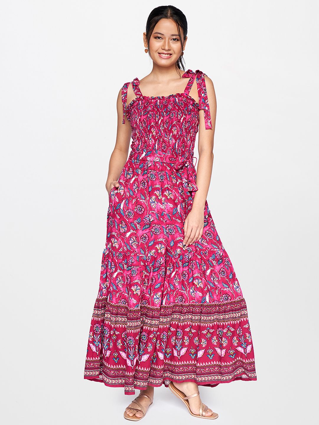 Global Desi Multicoloured Printed Smocked Waist Tie-Ups Basic Jumpsuit Price in India