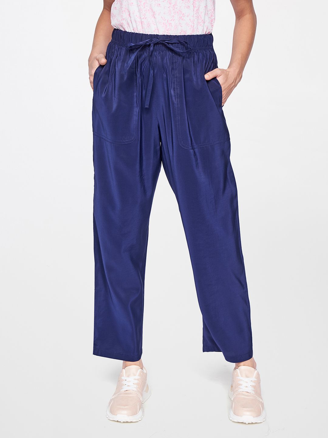 AND Women Navy Blue Straight Fit Pleated Trousers Price in India