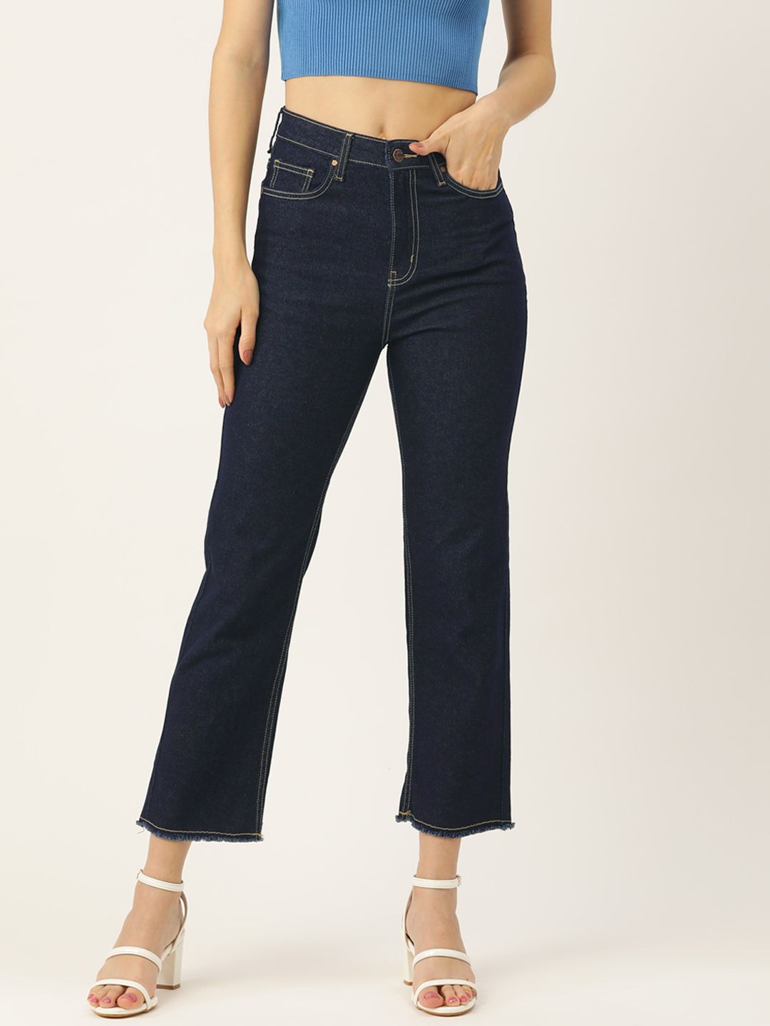 AND Women Navy Blue Stretchable Cropped Jeans Price in India