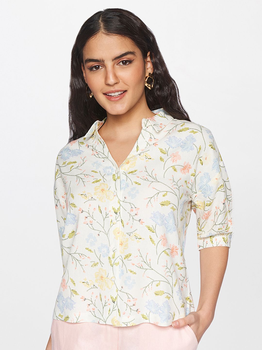 AND White Floral Print Linen Top Price in India