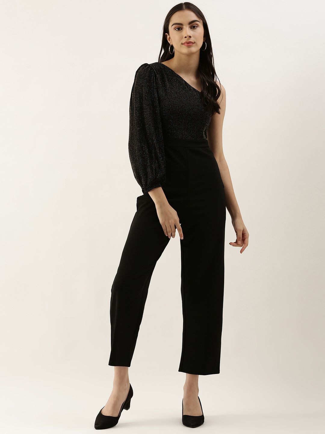 AND Black & Gold-Toned Halter Neck Striped Basic Jumpsuit Price in India